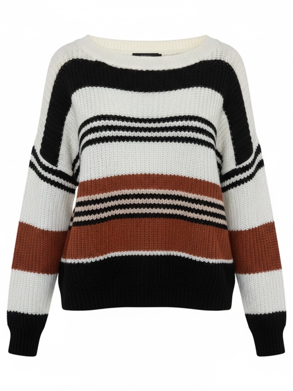 Striped Crewneck Sweater in White, Black & Brown